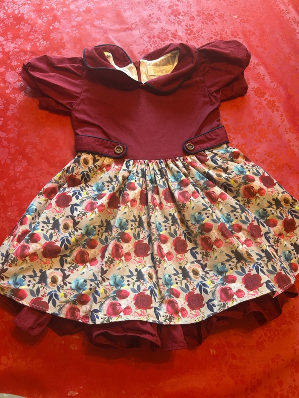 Girls' Burgundy Bodice Floral Skirt Party Dress